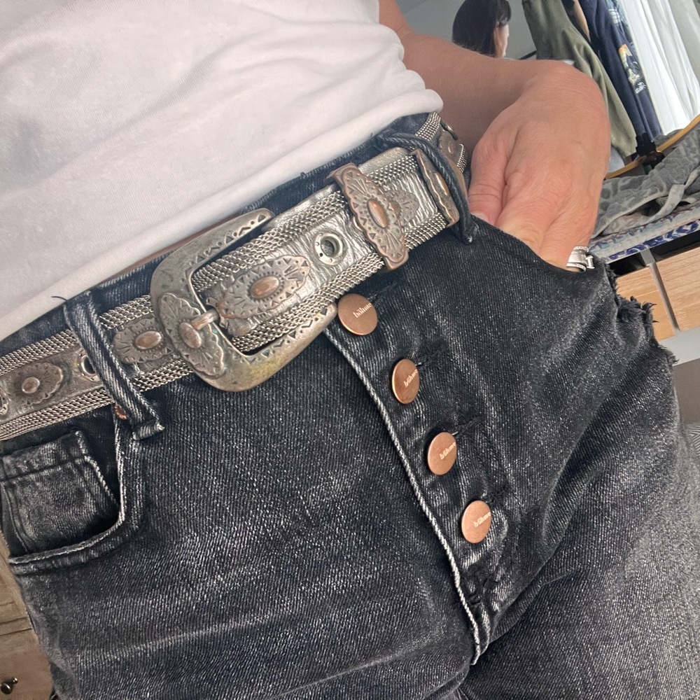 Silver Western Belt, vintage Sand Castle USA worn patina one of a kin 37”long
